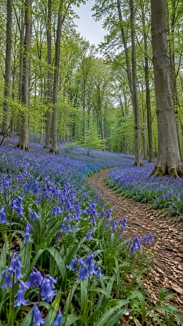 A narrow leaf-covered path curves through a beech woodland carpeted with blue-violet bluebells and green leaves, beneath tall grey trunks and a fresh green…