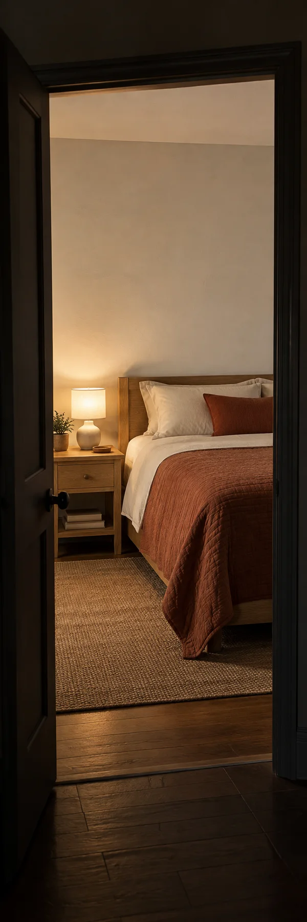 A rust-quilted bed with cream bedding and pillows sits against a pale wall, seen through a dark open doorway.