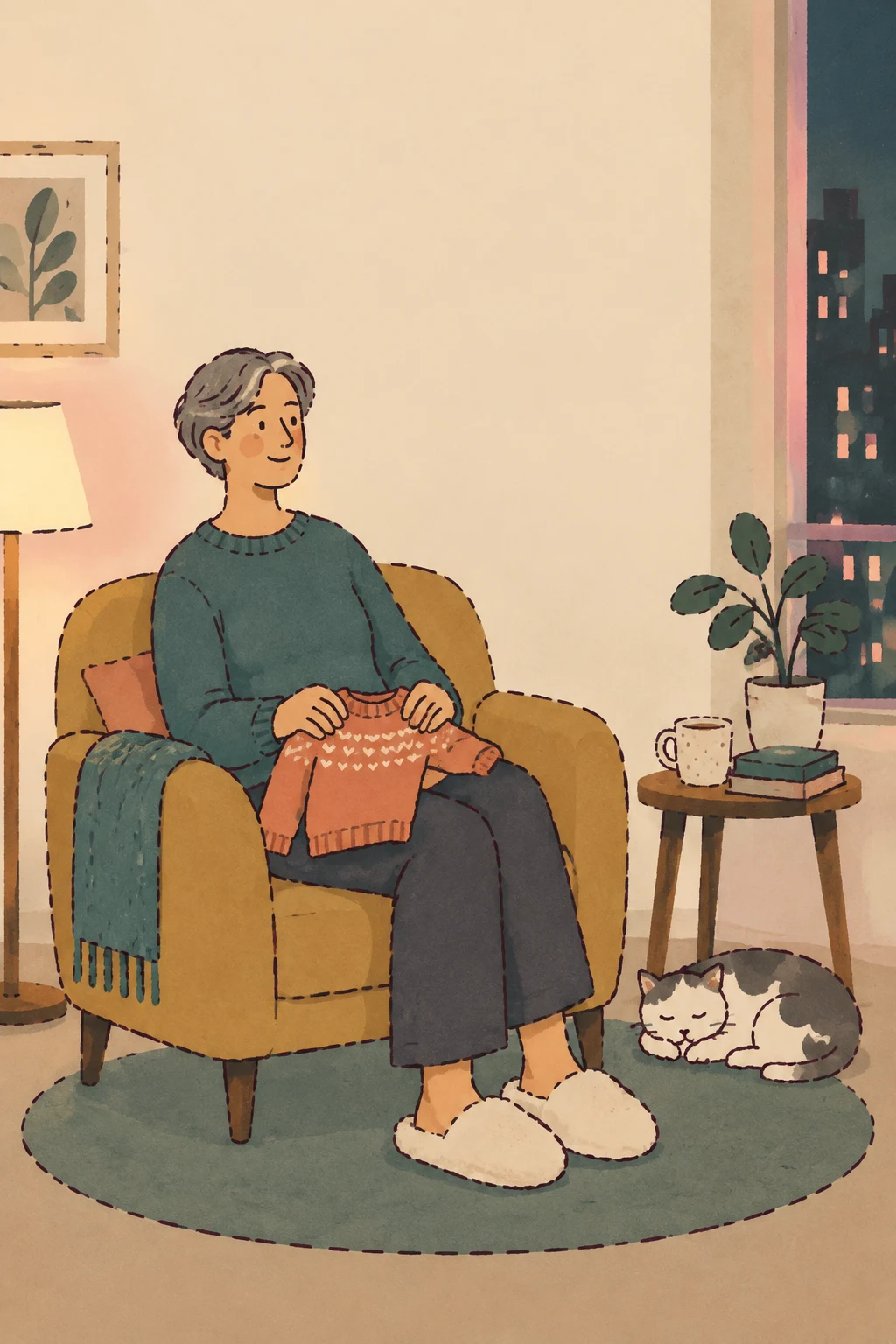 A grey-haired adult sits in an ochre armchair holding a coral sweater across their lap, wearing oversized cream slippers.