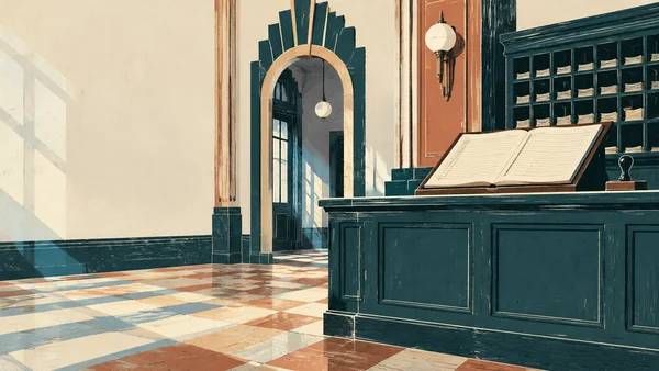A dark-teal service counter with an open cream register and a small stamp stands in a spacious Art Deco office.