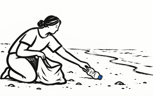 A woman with tied-back hair kneels on a sparsely marked beach, reaching to pick up a crushed plastic bottle beside an open cleanup sack; the bottle cap is blue.