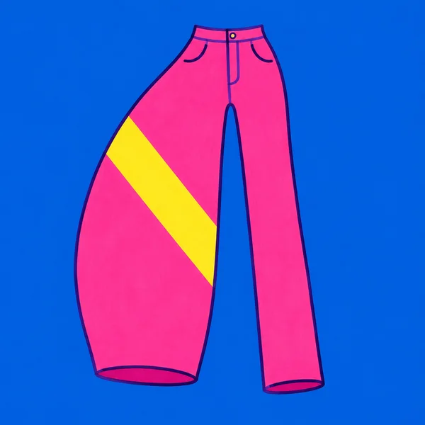 A pair of hot-pink trousers lies flat against a cobalt-blue background, with an extremely wide bowed left leg, a narrower right leg, dark-violet outlines and a…