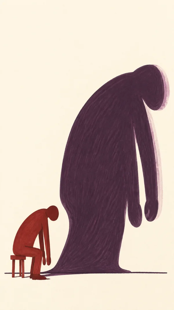 A small garnet-colored worker sits hunched on a stool at the lower left, facing a towering deep-plum shadow on a warm ivory background.