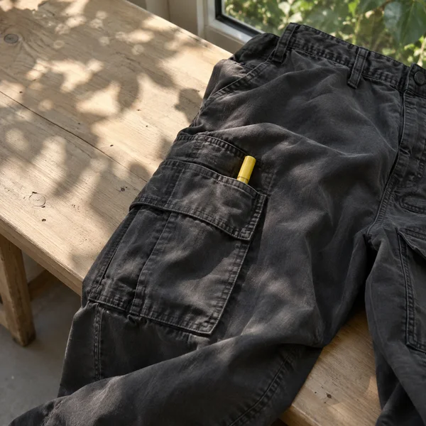 Charcoal cargo trousers lie diagonally across a pale wooden bench beside a window, with a yellow marker peeking from the large thigh pocket and soft leaf…