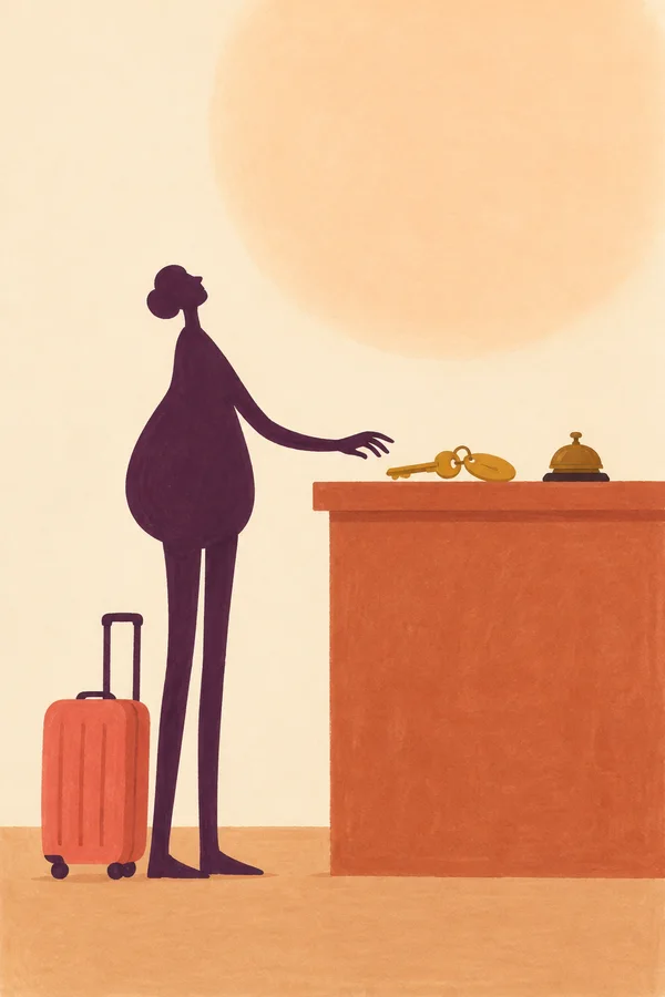 A deep-plum, long-legged traveler reaches toward an oversized amber key and a service bell on a terracotta hotel counter.
