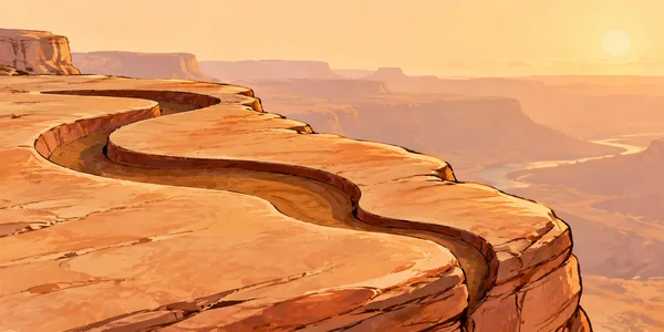 A broad orange sandstone shelf with a dark, winding recessed groove fills the foreground, overlooking layered mesas and a sunlit canyon under a pale orange sky.