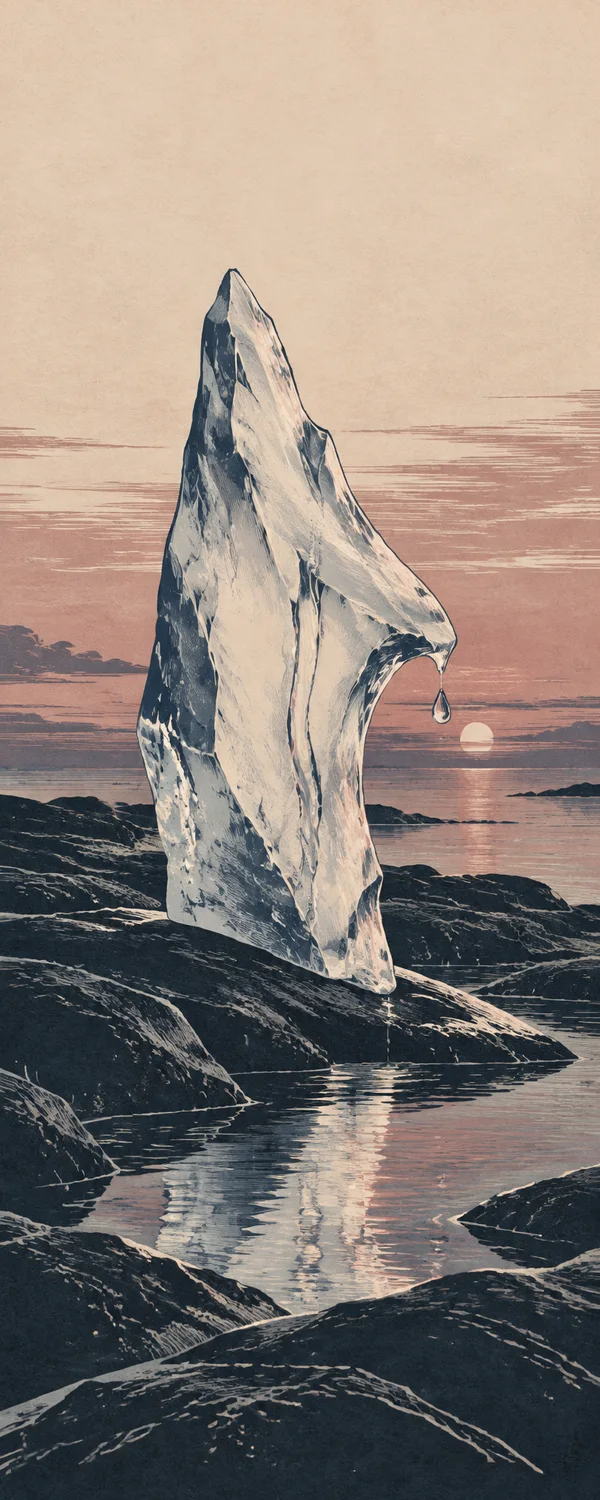 A tall ivory ice shard with a single hanging droplet rises from dark coastal rocks against a dusty-rose sunset, with a bright sun and its reflection on the…