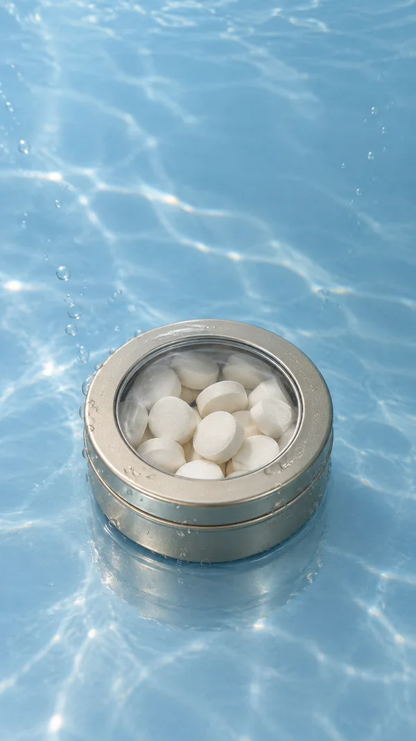 A squat round metal tin with a clear lid and white tablets inside rests on a blue, rippled underwater surface, with bubbles around it and open space above.