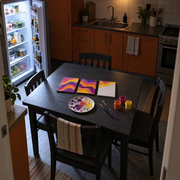 A charcoal dining table in a compact kitchen holds three small abstract painting panels, a paint-stained palette, two brushes and three open paint pots.