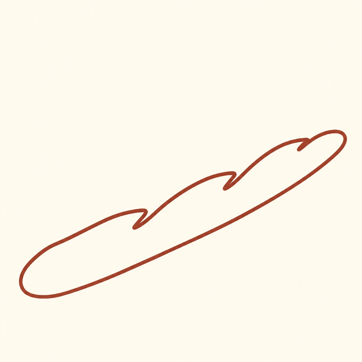 A long baguette outlined in a rust-brown marker line runs diagonally from the lower-left toward the upper-right on a warm ivory background, with three raised…