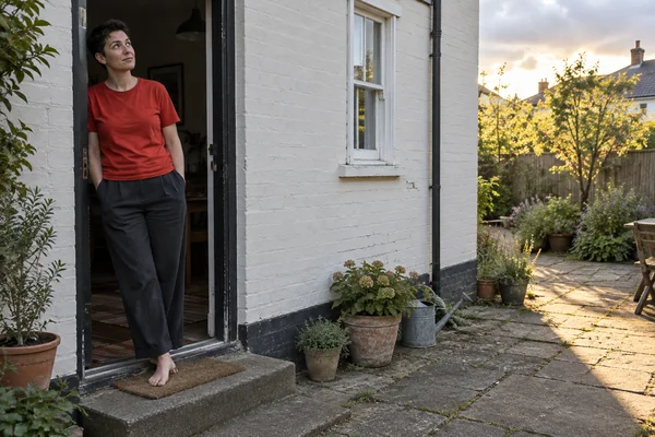 A short-haired adult stands barefoot in a doorway against a pale painted exterior wall, wearing a red T-shirt and loose dark trousers.