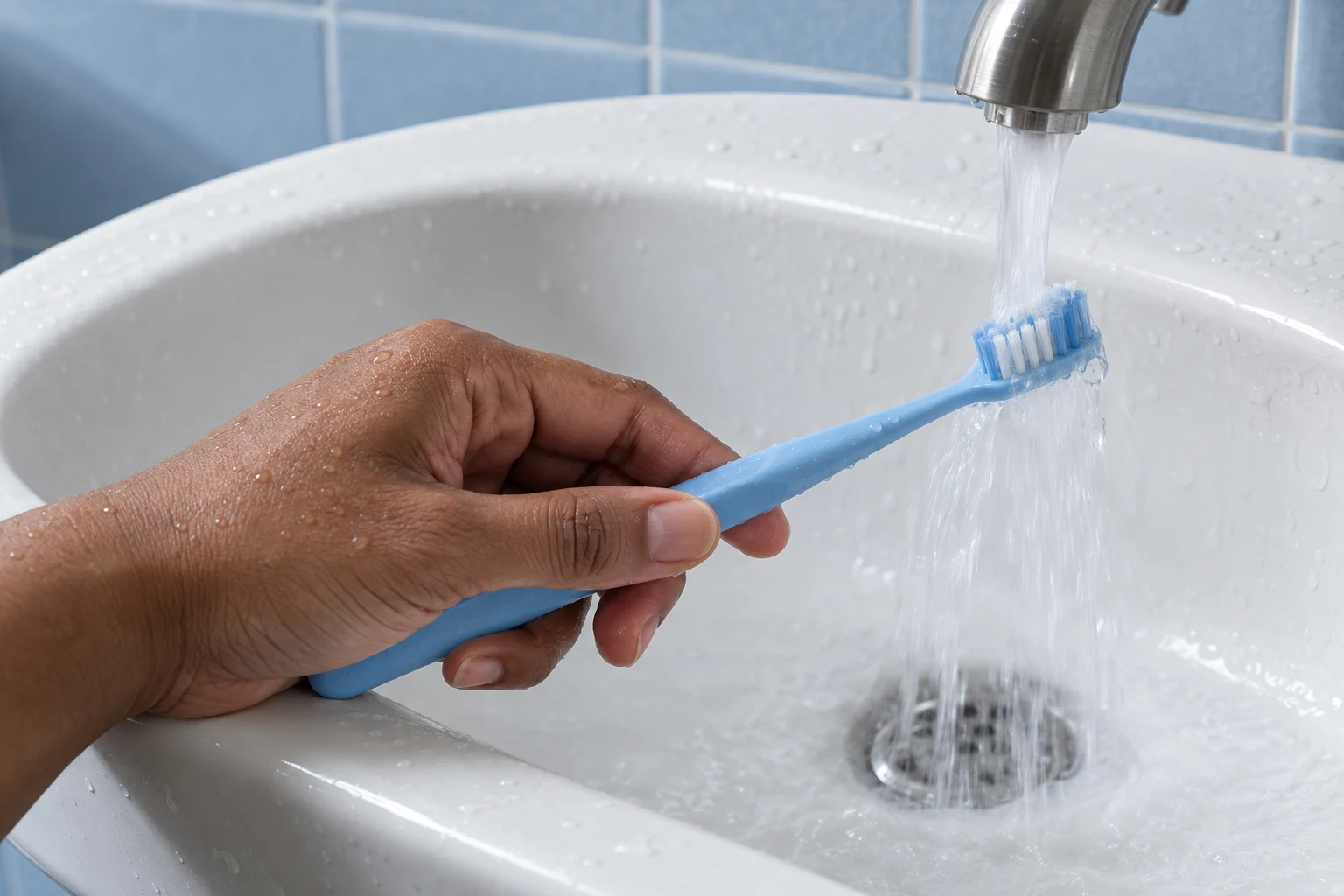 A medium-brown hand holds a powder-blue toothbrush beneath a brushed-steel faucet over a white porcelain sink, with pale-blue tiles behind it and water running…