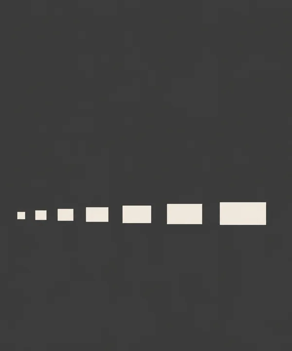 Seven ivory rectangles form a horizontal sequence across a dark charcoal field, growing in width and height from left to right with generous empty space above…