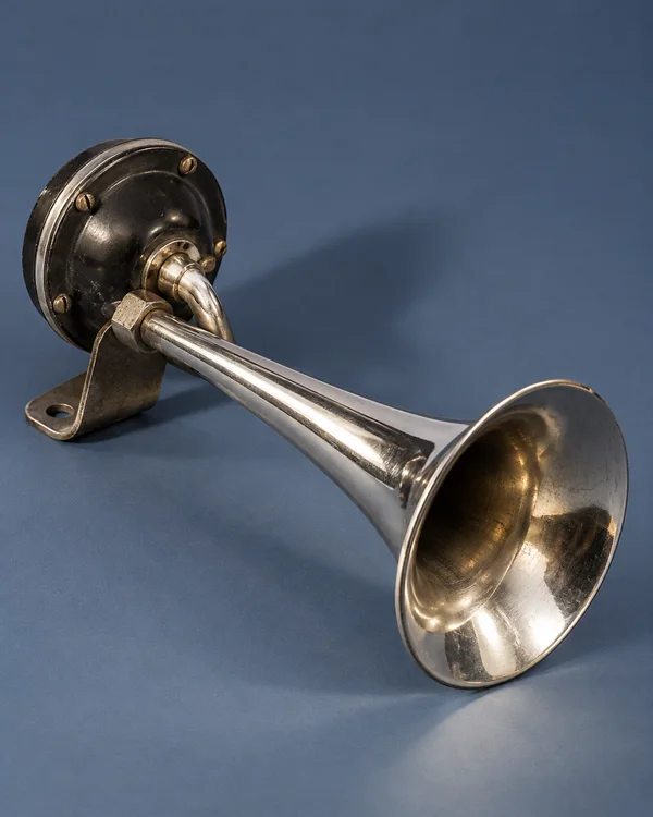 A vintage automobile horn rests diagonally on a slate-blue surface, with its black round housing and mounting bracket at the upper left and a reflective flared…