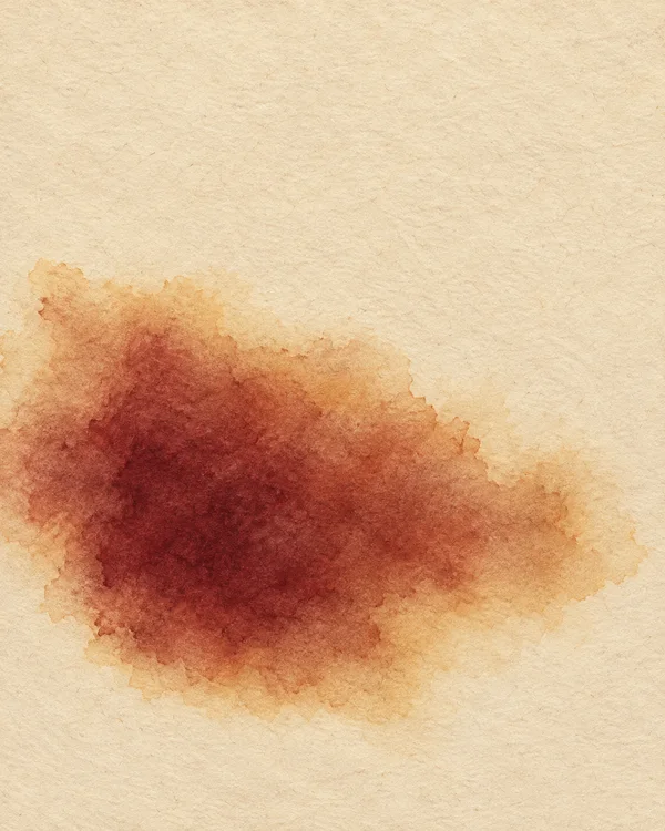 A broad, irregular burgundy and sienna wash spreads across the lower part of warm, textured flax-colored paper, fading to an amber edge.
