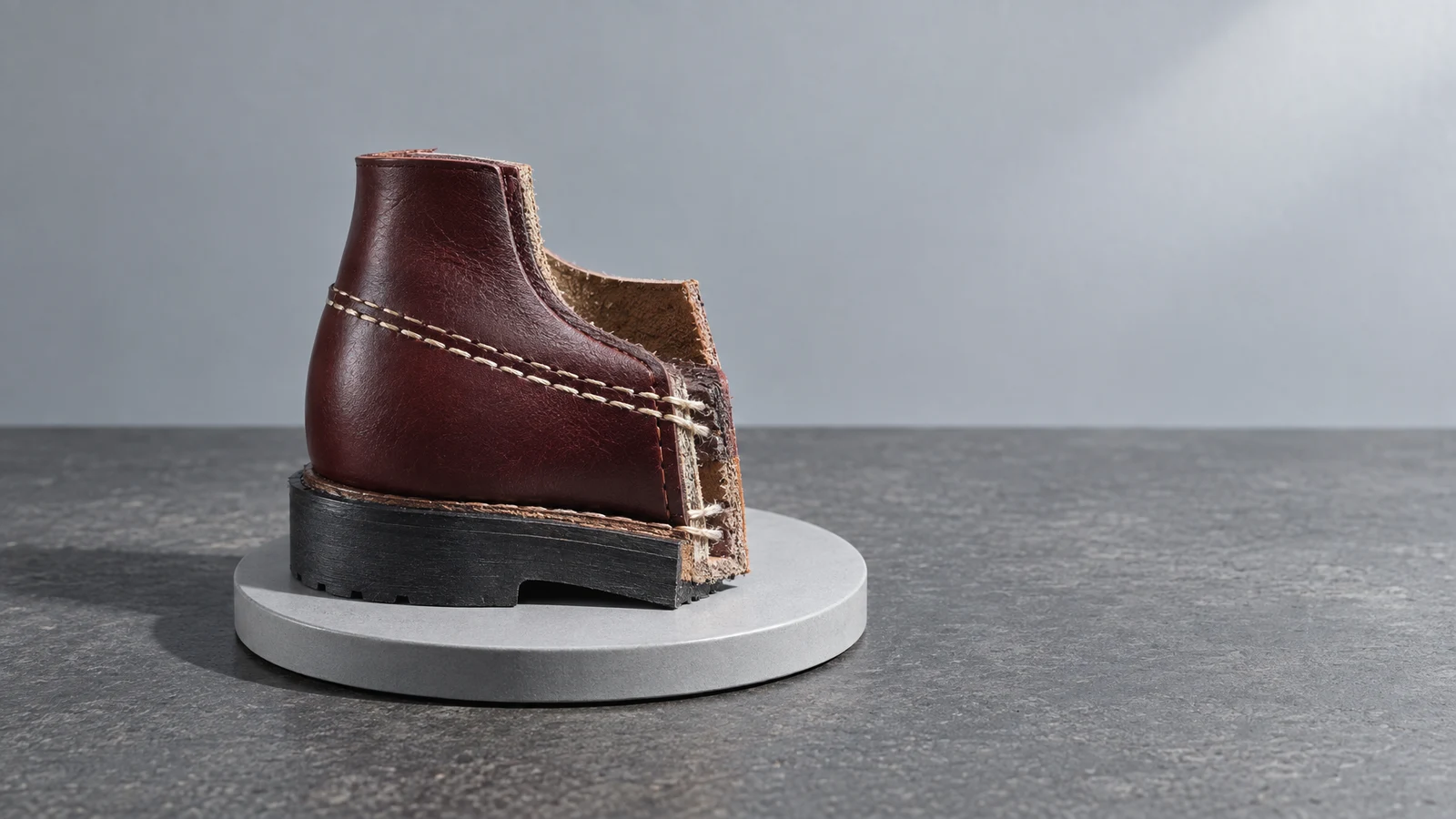 A burgundy leather boot heel-quarter cutaway with two rows of ivory stitching and a short black outsole rests on a pale-grey circular platter on a dark…