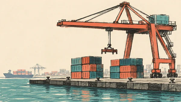 A large coral-and-charcoal gantry crane suspends a spreader above two stacks of teal and coral shipping containers beside a quay.