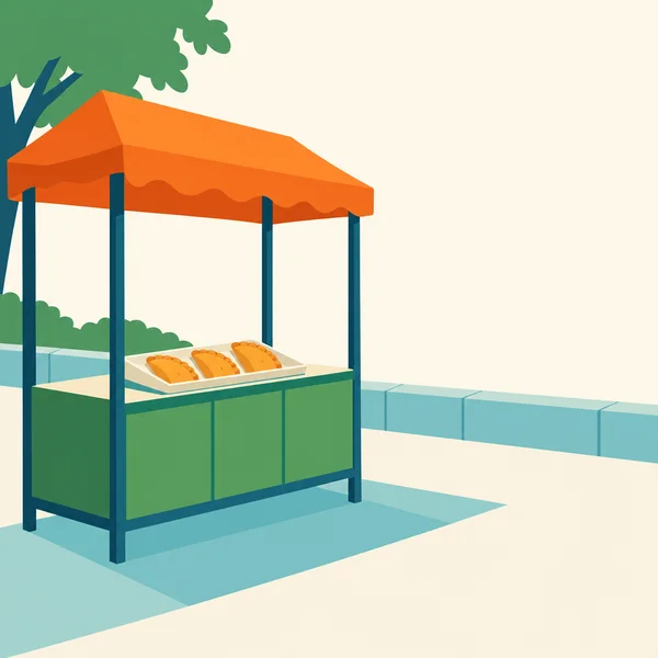 An unattended street-food stall with an orange canopy, dark teal frame and green counter stands beside a low cyan pavement boundary.