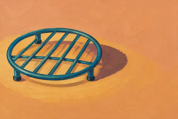 An empty teal circular cooling rack with thick parallel wires and three short feet sits on a warm ochre surface, casting a deep plum shadow to the right…