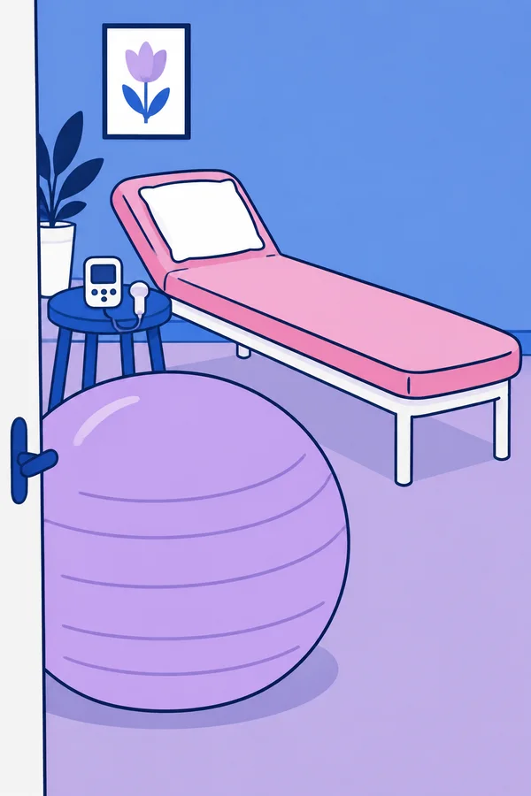 A pink examination couch with a white pillow sits diagonally in a blue-walled room.