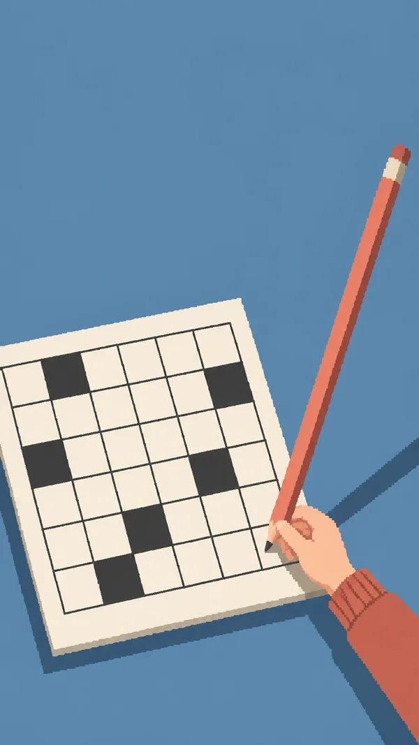 A cream crossword grid with charcoal blocked squares sits on a blue tabletop.
