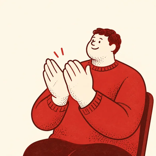 A smiling short-haired figure in a red sweater sits on a chair and claps with oversized hands against a warm cream background.