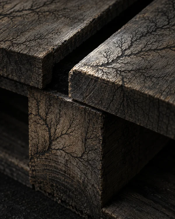 A close view of dark, weathered pallet slats resting across a rectangular wooden support block, with branching, tree-like patterns covering the grain and a…