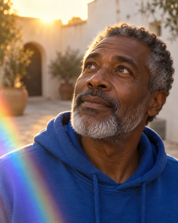 Close portrait of an older man in a cobalt hoodie looking upward in a warm courtyard at sunset, with a colorful prism streak crossing the lower-left shoulder…