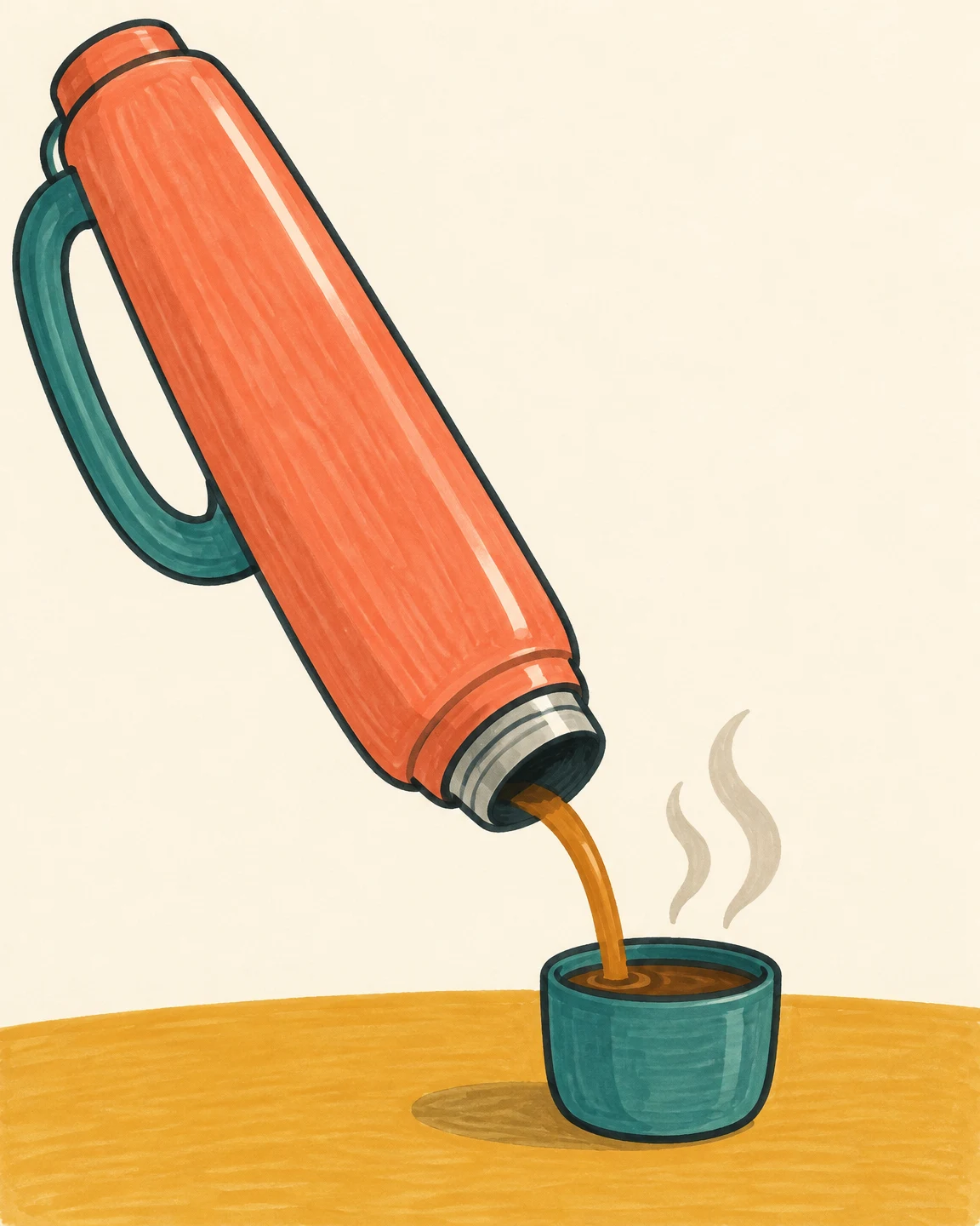 A long coral thermos with a teal loop handle tilts over a squat teal cup, pouring an amber stream onto an ochre tabletop as two steam curls rise against a…