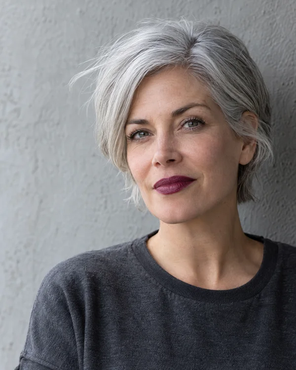 A silver-haired adult in a charcoal crewneck is shown in a close portrait against a pale grey textured wall, with closed plum-coloured lips and soft light…