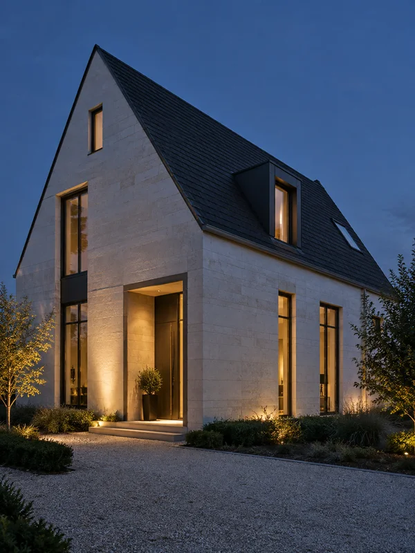 A contemporary pale-stone house with a steep dark roof stands at blue hour, its recessed entrance and windows glowing warmly above a gravel approach and low…
