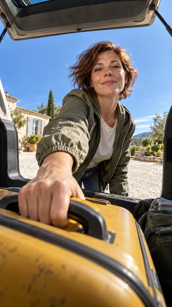 A woman with short auburn hair and an olive jacket leans into the open rear hatch of a car, gripping the handle of a mustard-yellow suitcase in the foreground…