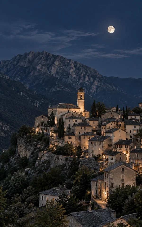 A compact cluster of pale stone and plaster houses with dark roofs climbs a steep wooded slope beneath a rugged mountain ridge and a bright moon in a deep blue…