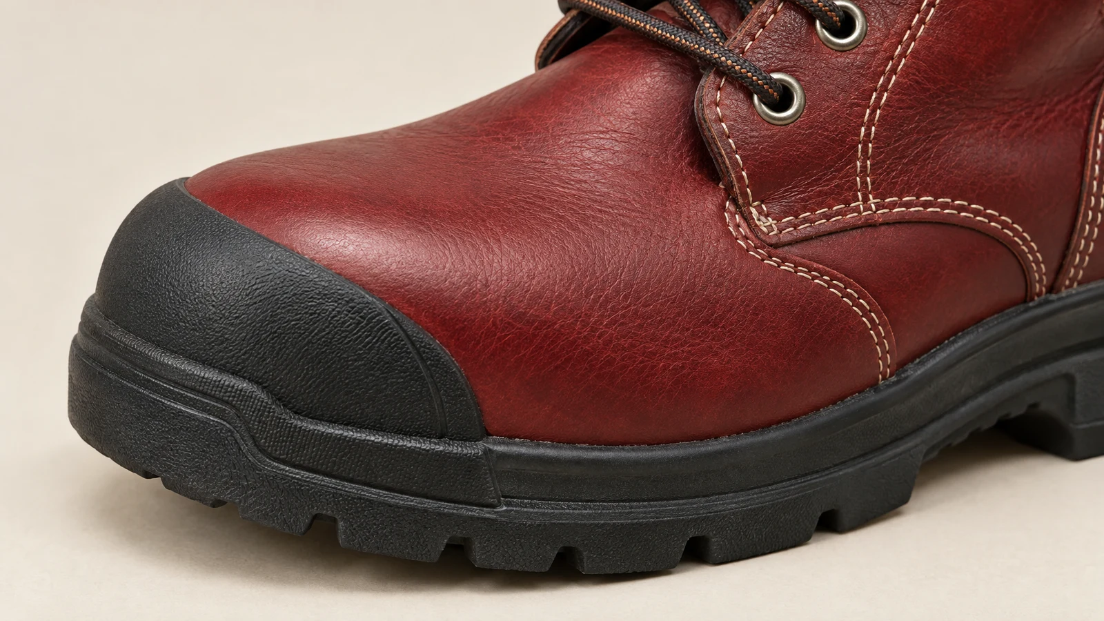 Tight close-up of a deep red leather work boot with a black rubber toe guard and thick treaded sole, resting on a warm cream surface.