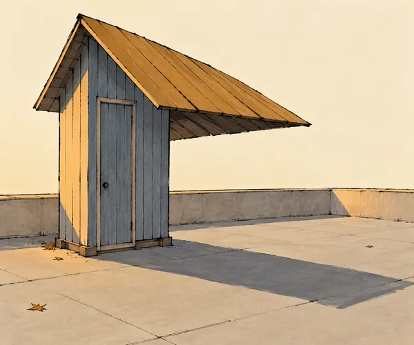 A small slate-blue wooden shed with a tall closed door and broad ochre pitched roof stands on an empty rooftop terrace, casting a long diagonal shadow in warm…