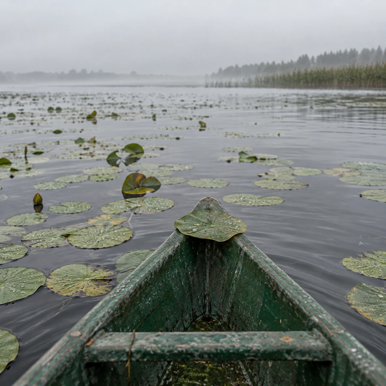 The pointed bow of a weathered green canoe fills the foreground, with a round lily pad resting across its tip.