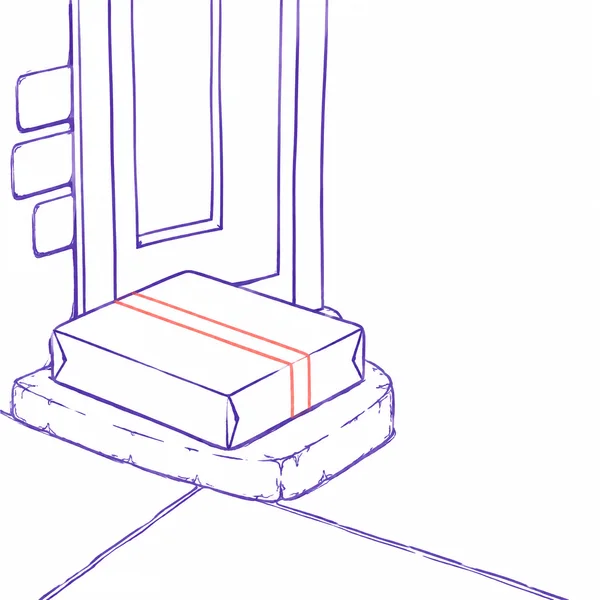 A wide, squat parcel with coral sealing tape rests on a worn bluestone threshold in front of a tall, cropped doorway; violet marker outlines show three brick…