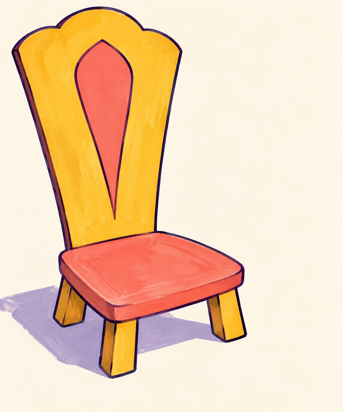 A large yellow chair with a coral seat and inset stands on a warm ivory background, with a lavender shadow and open space to the right.