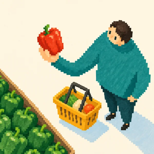 A pixel-textured illustration shows a shopper in a large teal top holding a red bell pepper over an ochre basket, beside a green produce bin on a pale cream…