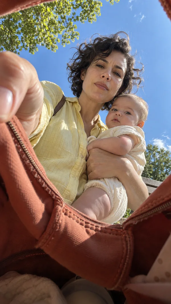 A curly-haired adult in a pale yellow shirt leans over an open terracotta tote, holding a baby in a cream outfit against their chest while pulling the bag’s…