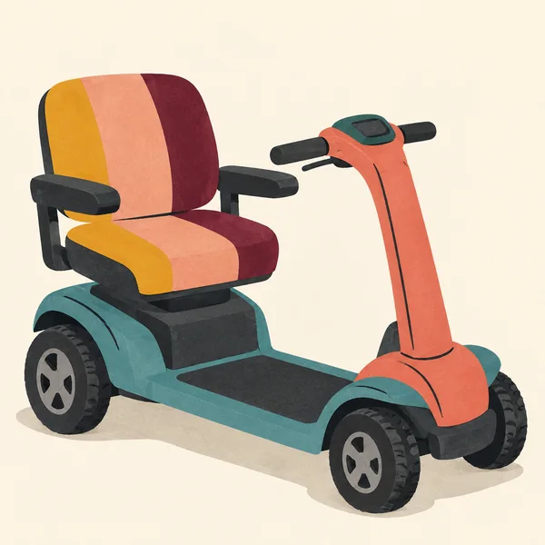 A teal mobility scooter with a coral tiller, dark handlebars and four chunky wheels sits on a warm cream background.