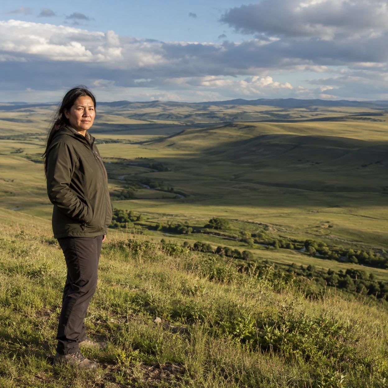 A full-length adult with long dark hair stands in the left foreground of a rolling grassland, wearing a dark jacket, trousers and walking shoes.