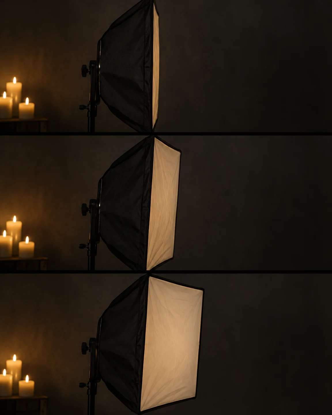 A black rectangular softbox turns from nearly edge-on to a wider oblique view across three stacked photographs, with three lit candles visible at the left…