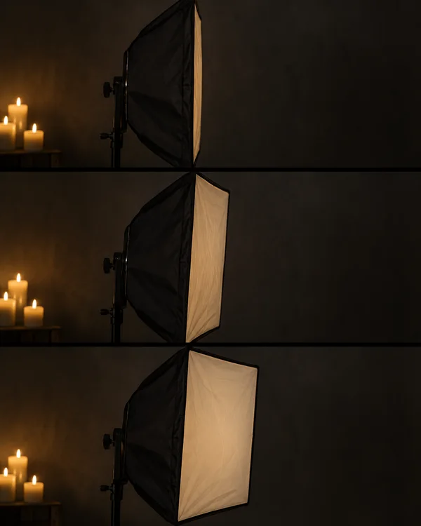 A black rectangular softbox turns from nearly edge-on to a wider oblique view across three stacked photographs, with three lit candles visible at the left…