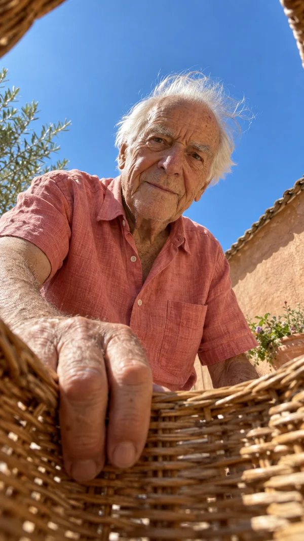 An elderly man in a coral linen shirt leans over a honey-coloured wicker basket in a sunlit courtyard, looking down toward the camera beneath a clear blue sky.