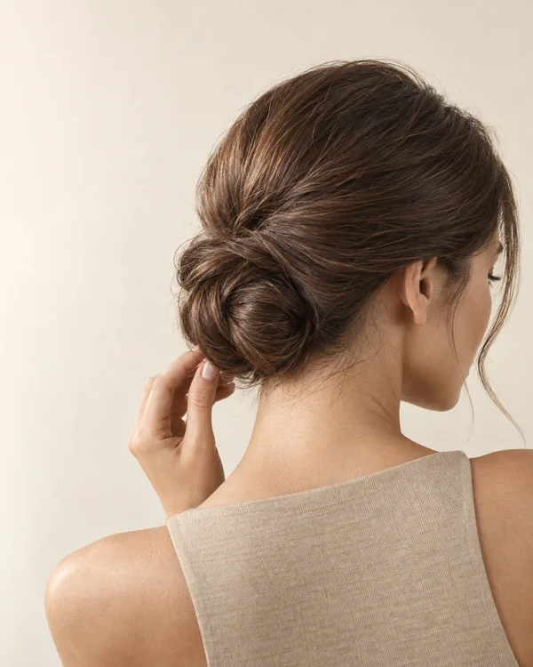 A model in a sand-coloured sleeveless top is shown from behind in three-quarter view, gently touching a sculpted chestnut low bun against a warm ivory…