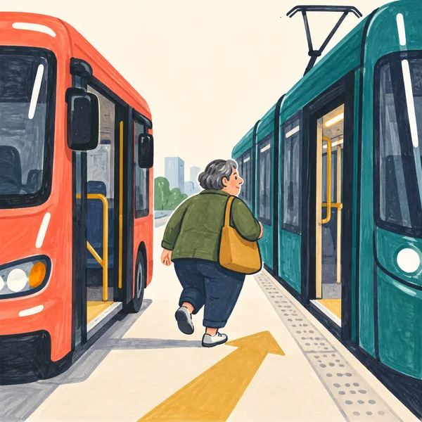 A short, broad passenger with cropped salt-and-pepper hair walks between an open coral bus on the left and a deep-teal tram on the right, following a large…