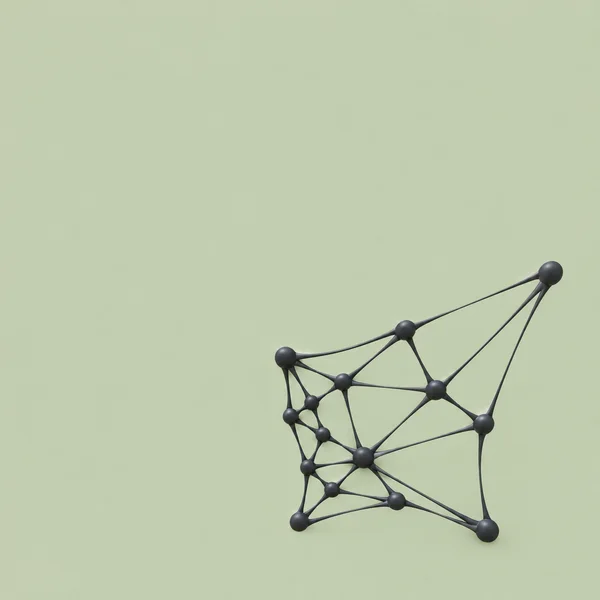 An open, irregular dark mesh of rounded nodes and narrow connecting strands sits in the lower-right area of a pale sage square, with broad empty space around…