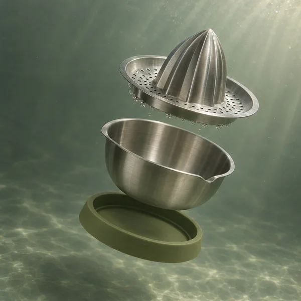 An unbranded stainless-steel citrus juicer shown in three separated parts underwater: a conical reamer on a perforated strainer disk, a metal collector bowl…