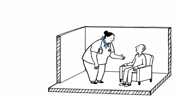 A hand-drawn cutaway room shows a nurse leaning toward an adult seated in an armchair, with one hand held open.